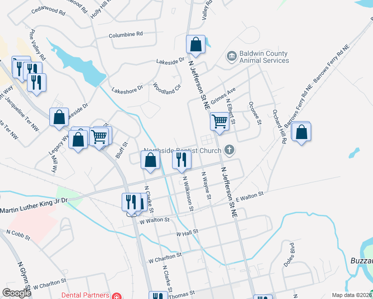 map of restaurants, bars, coffee shops, grocery stores, and more near 1021 North Wilkinson Street in Milledgeville