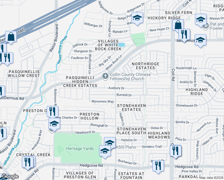map of restaurants, bars, coffee shops, grocery stores, and more near 4500 Burnhill Drive in Plano
