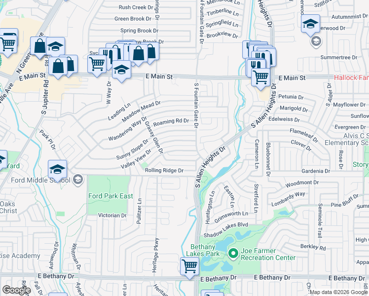 map of restaurants, bars, coffee shops, grocery stores, and more near 907 Circle Cove Drive in Allen