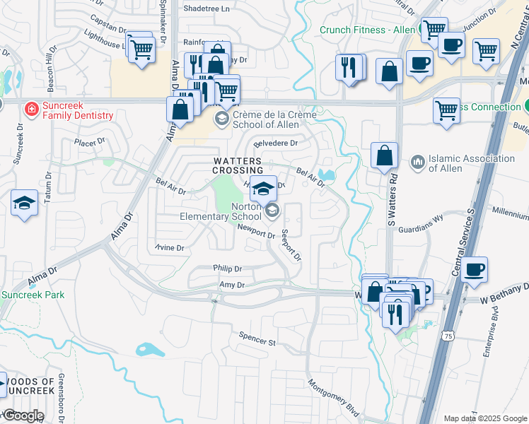 map of restaurants, bars, coffee shops, grocery stores, and more near 1120 Newport Drive in Allen