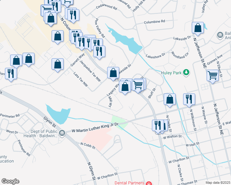 map of restaurants, bars, coffee shops, grocery stores, and more near 1498 North Columbia Street in Milledgeville