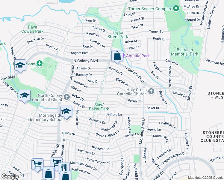 map of restaurants, bars, coffee shops, grocery stores, and more near 5624 Perrin Street in The Colony