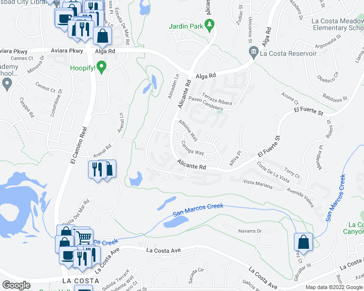 map of restaurants, bars, coffee shops, grocery stores, and more near 2347 Caringa Way in Carlsbad