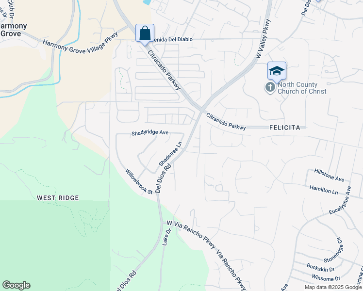 map of restaurants, bars, coffee shops, grocery stores, and more near 2046 Shadetree Lane in Escondido