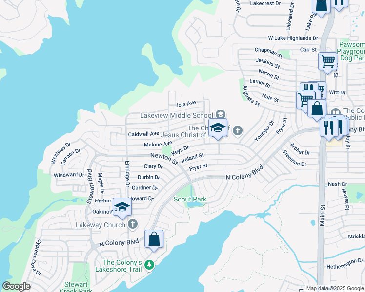 map of restaurants, bars, coffee shops, grocery stores, and more near 4216 Keys Drive in The Colony