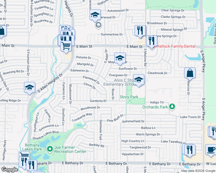 map of restaurants, bars, coffee shops, grocery stores, and more near 503 Flameleaf Drive in Allen
