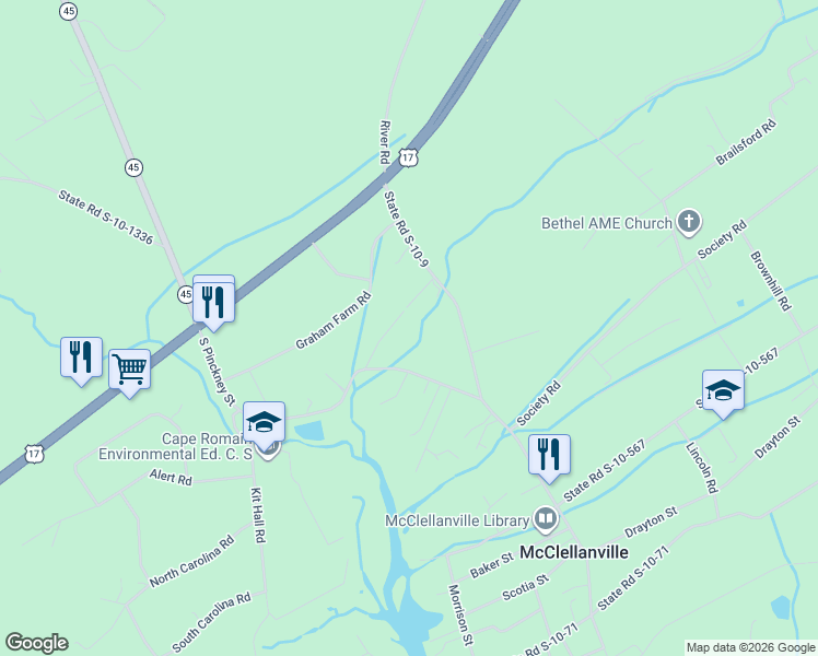 map of restaurants, bars, coffee shops, grocery stores, and more near 2 Warren Drive in McClellanville
