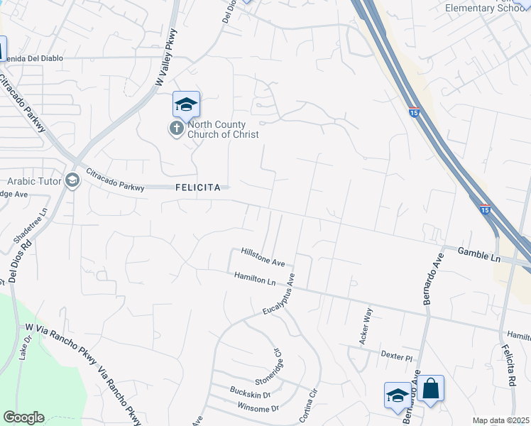 map of restaurants, bars, coffee shops, grocery stores, and more near 1603 Gamble Lane in Escondido
