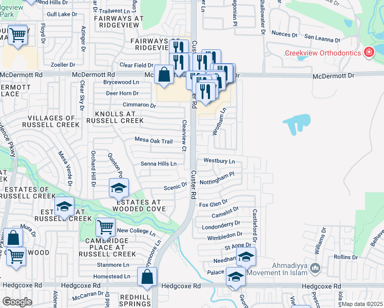 map of restaurants, bars, coffee shops, grocery stores, and more near Custer Road in Plano