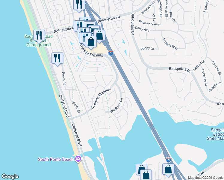 map of restaurants, bars, coffee shops, grocery stores, and more near 616 Marlin Lane in Carlsbad