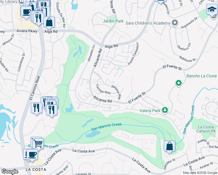 map of restaurants, bars, coffee shops, grocery stores, and more near 2349 Altisma Way in Carlsbad