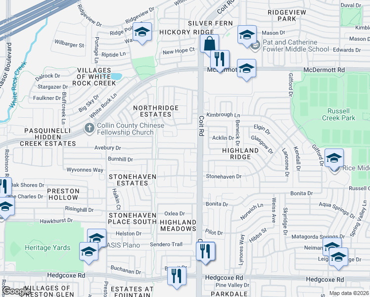 map of restaurants, bars, coffee shops, grocery stores, and more near 4044 Aldenham Drive in Plano