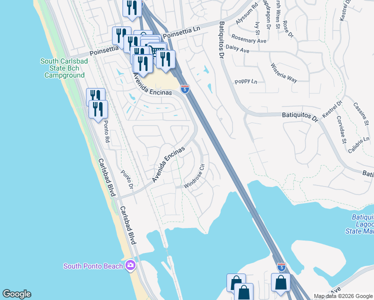 map of restaurants, bars, coffee shops, grocery stores, and more near 616 Marlin Lane in Carlsbad