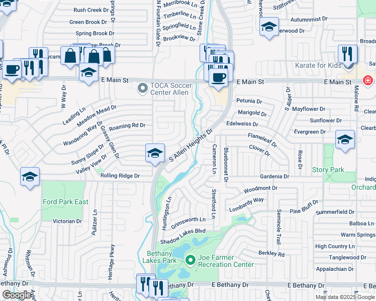 map of restaurants, bars, coffee shops, grocery stores, and more near 501 Bullingham Lane in Allen