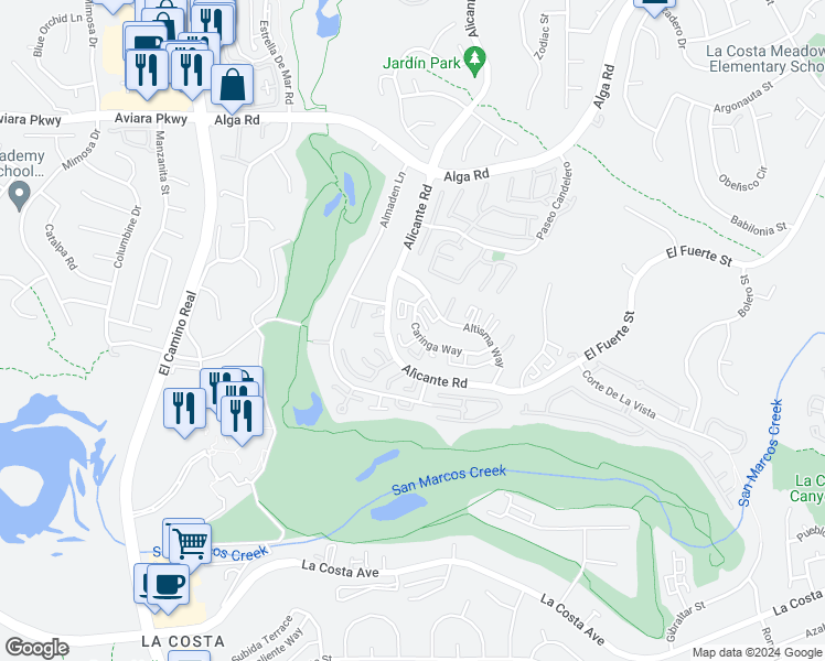 map of restaurants, bars, coffee shops, grocery stores, and more near 2305 Altisma Way in Carlsbad