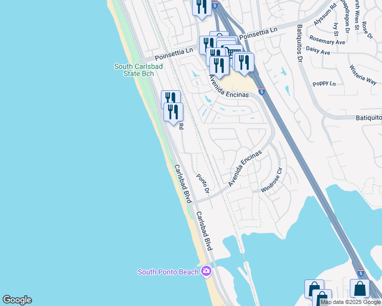 map of restaurants, bars, coffee shops, grocery stores, and more near 7294 Ponto Drive in Carlsbad