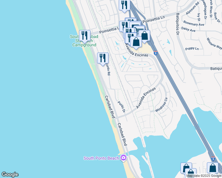 map of restaurants, bars, coffee shops, grocery stores, and more near 7248 Ponto Drive in Carlsbad
