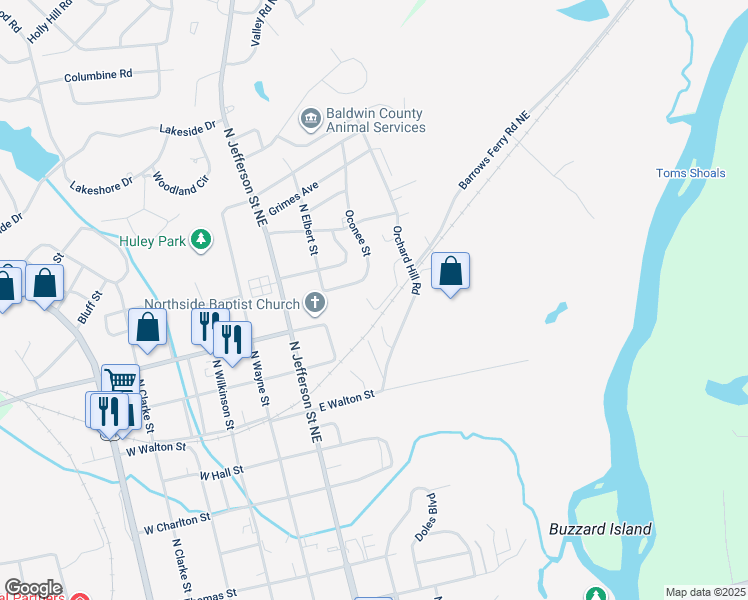 map of restaurants, bars, coffee shops, grocery stores, and more near 1115 Oconee Street in Milledgeville
