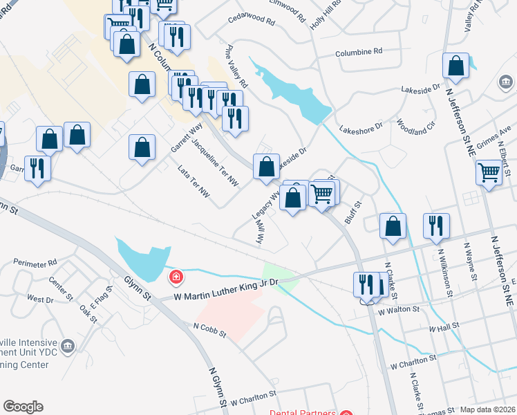 map of restaurants, bars, coffee shops, grocery stores, and more near 111 Russell Drive Northwest in Milledgeville