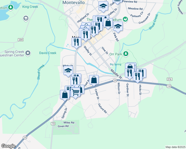 map of restaurants, bars, coffee shops, grocery stores, and more near 281 Commerce Street in Montevallo