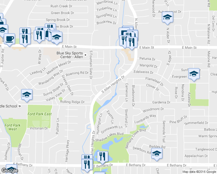 map of restaurants, bars, coffee shops, grocery stores, and more near South Allen Drive in Allen