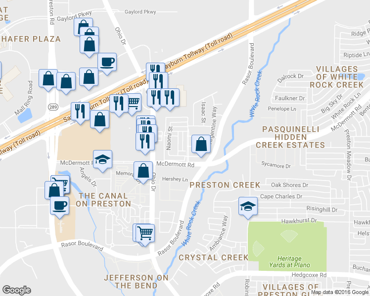 map of restaurants, bars, coffee shops, grocery stores, and more near 4664 Phillip Drive in Plano