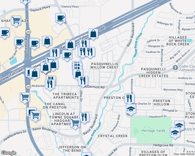 map of restaurants, bars, coffee shops, grocery stores, and more near 4664 Phillip Drive in Plano
