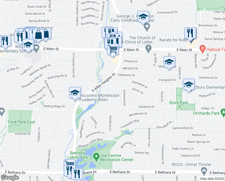 map of restaurants, bars, coffee shops, grocery stores, and more near 511 Cameron Lane in Allen