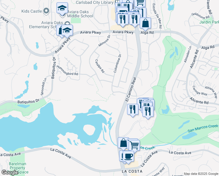 map of restaurants, bars, coffee shops, grocery stores, and more near 7233 Columbine Drive in Carlsbad