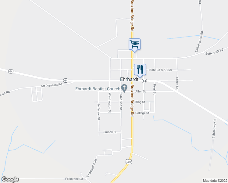 map of restaurants, bars, coffee shops, grocery stores, and more near 424 Allen Street in Ehrhardt