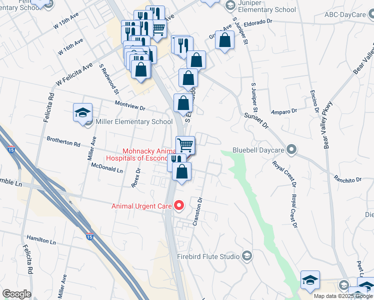 map of restaurants, bars, coffee shops, grocery stores, and more near 2215 South Ava Glen in Escondido