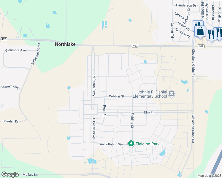 map of restaurants, bars, coffee shops, grocery stores, and more near 601 Arden Lane in Northlake