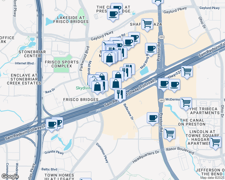 map of restaurants, bars, coffee shops, grocery stores, and more near 8380 Texas 121 in Frisco
