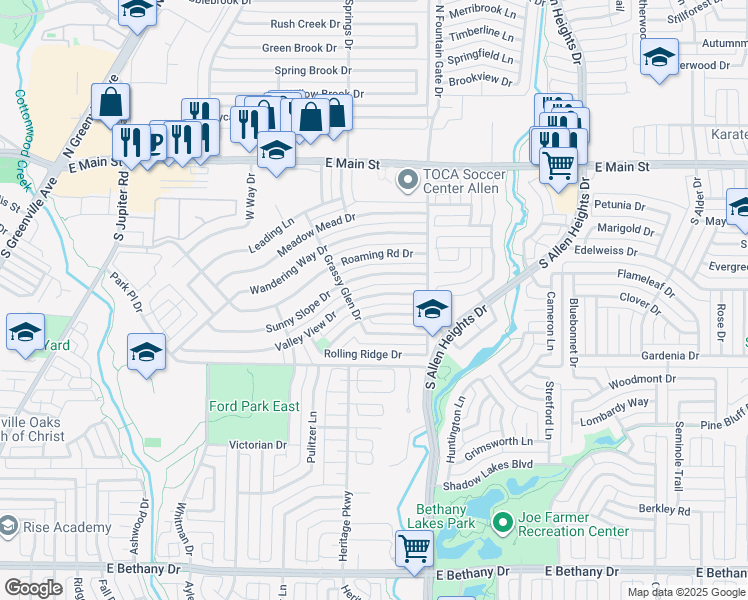 map of restaurants, bars, coffee shops, grocery stores, and more near 904 Sunny Slope Drive in Allen