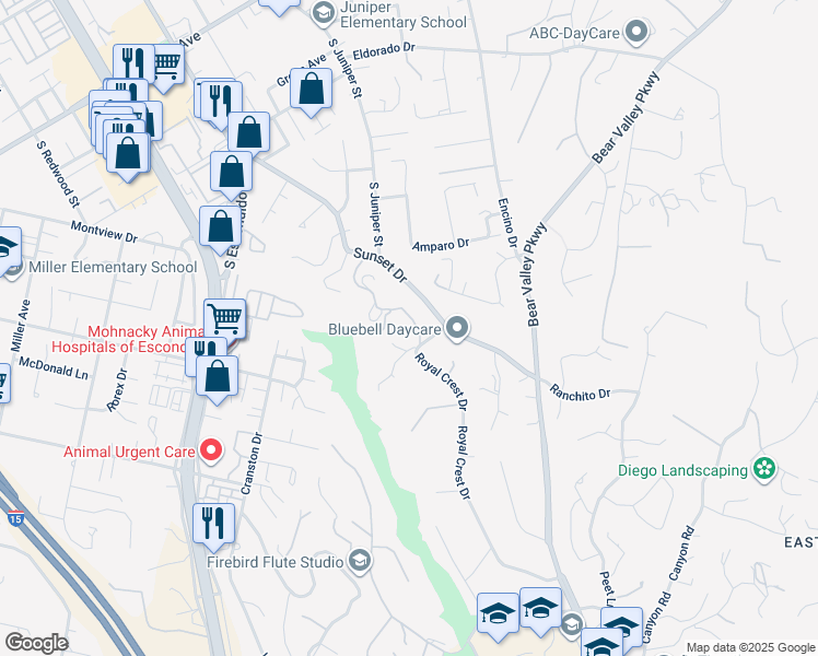 map of restaurants, bars, coffee shops, grocery stores, and more near 2331 Royal Crest Drive in Escondido