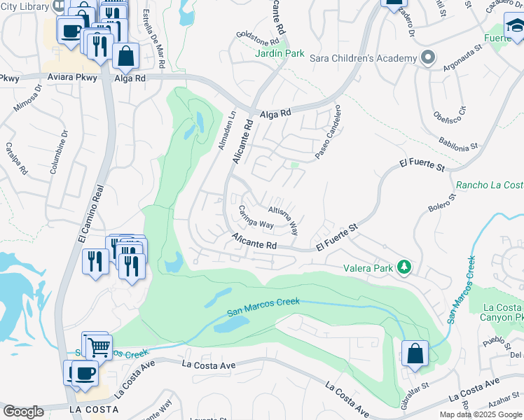 map of restaurants, bars, coffee shops, grocery stores, and more near 2343 Altisma Way in Carlsbad