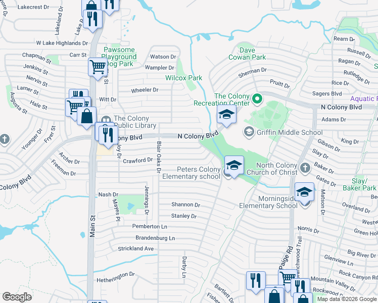 map of restaurants, bars, coffee shops, grocery stores, and more near 5037 Ashlock Drive in The Colony
