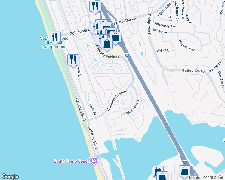 map of restaurants, bars, coffee shops, grocery stores, and more near 7333 Portage Way in Carlsbad