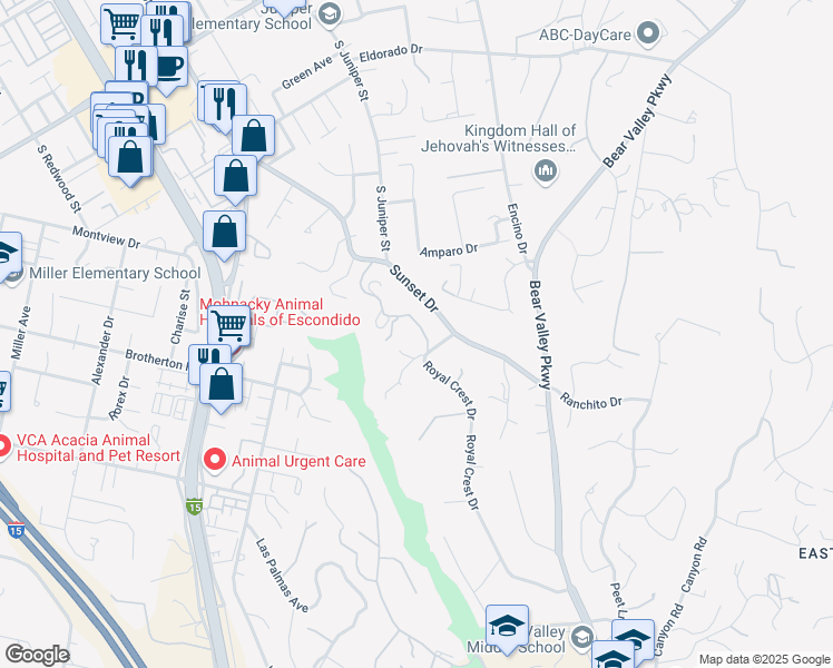 map of restaurants, bars, coffee shops, grocery stores, and more near 2331 Royal Crest Drive in Escondido