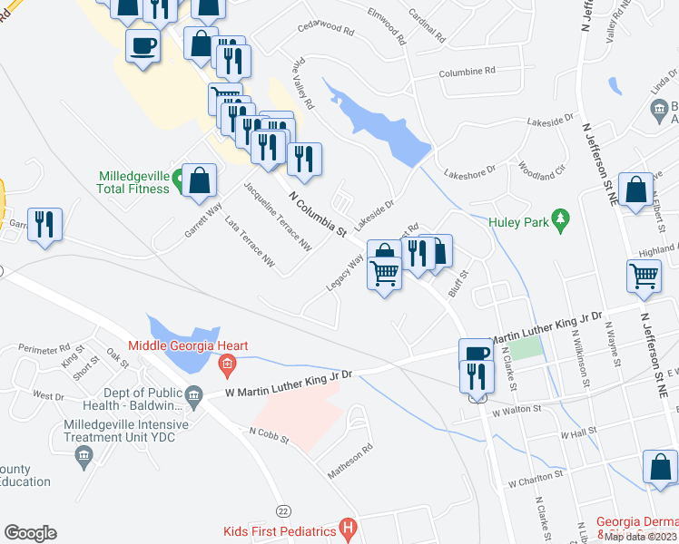 map of restaurants, bars, coffee shops, grocery stores, and more near 121 Legacy Way in Milledgeville