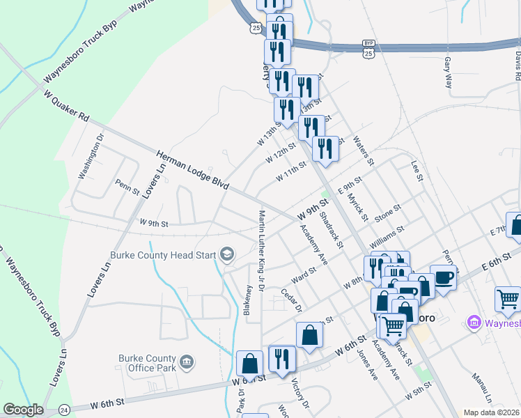 map of restaurants, bars, coffee shops, grocery stores, and more near 919 Martin Luther King Junior Drive in Waynesboro
