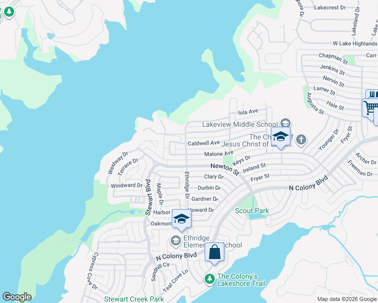 map of restaurants, bars, coffee shops, grocery stores, and more near 4121 Caldwell Avenue in The Colony