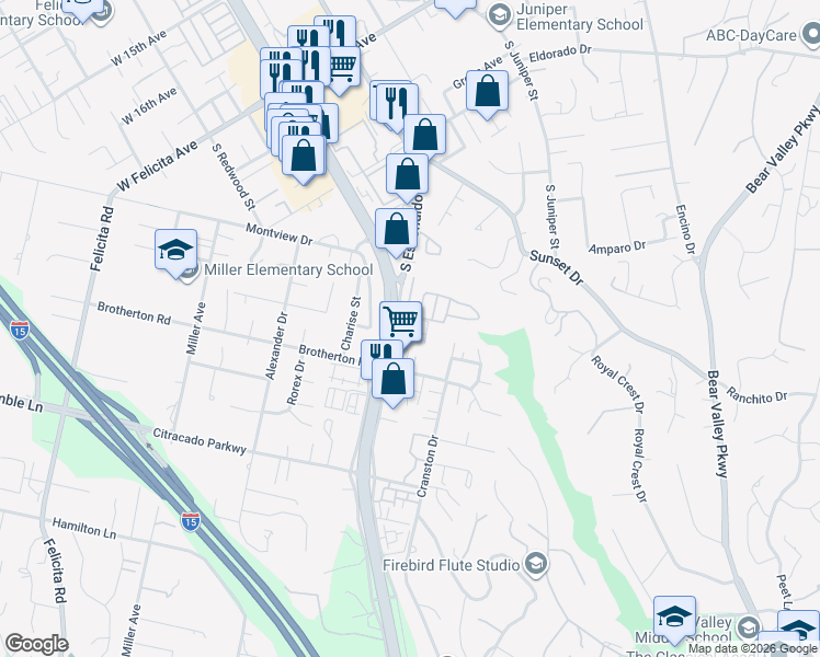 map of restaurants, bars, coffee shops, grocery stores, and more near 11 Larry Lane in Escondido