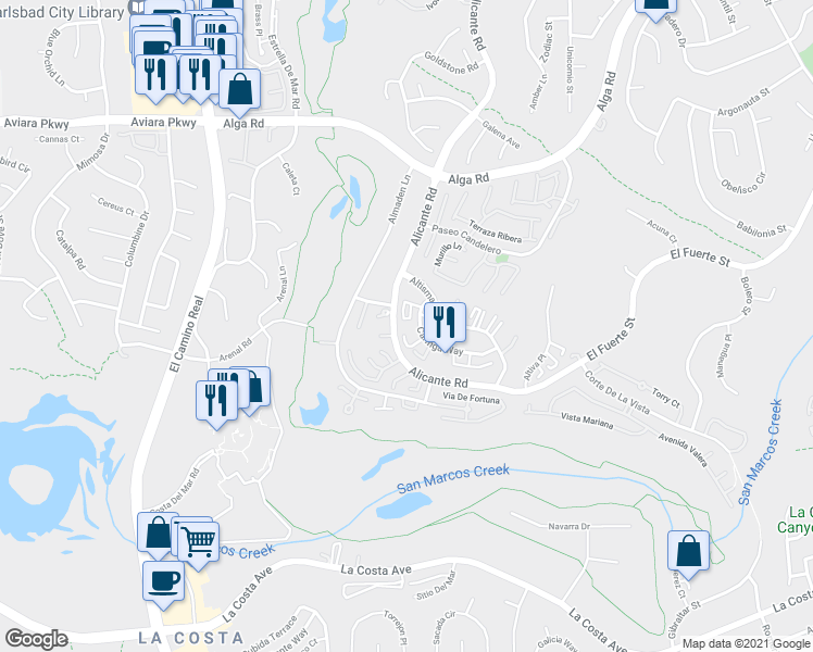 map of restaurants, bars, coffee shops, grocery stores, and more near 2305 Altisma Way in Carlsbad
