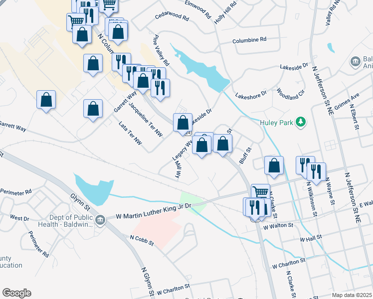 map of restaurants, bars, coffee shops, grocery stores, and more near 121 Legacy Way in Milledgeville