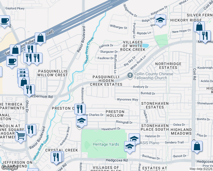 map of restaurants, bars, coffee shops, grocery stores, and more near 4600 Ladyfern Way in Plano