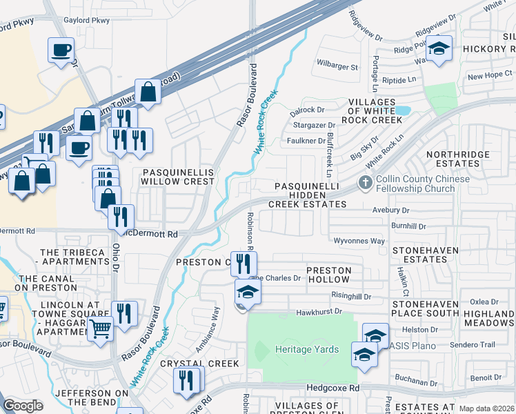 map of restaurants, bars, coffee shops, grocery stores, and more near 4569 Woodsboro Lane in Plano