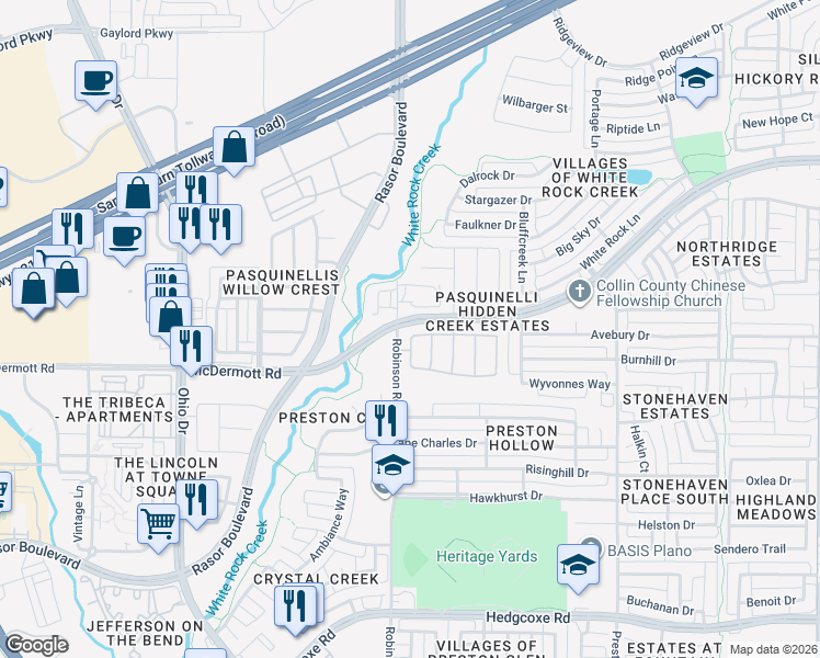 map of restaurants, bars, coffee shops, grocery stores, and more near 4569 Woodsboro Lane in Plano