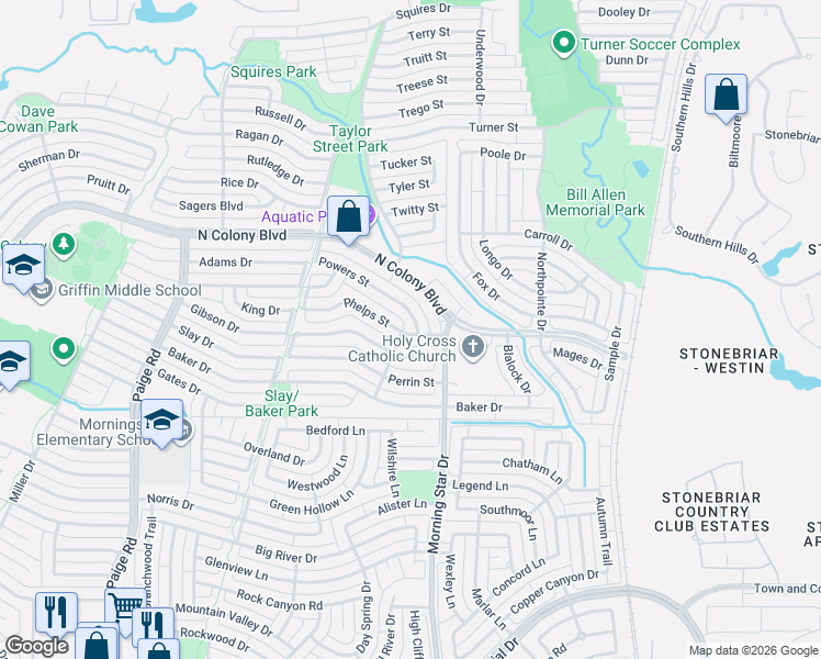 map of restaurants, bars, coffee shops, grocery stores, and more near 5673 Phelps Street in The Colony