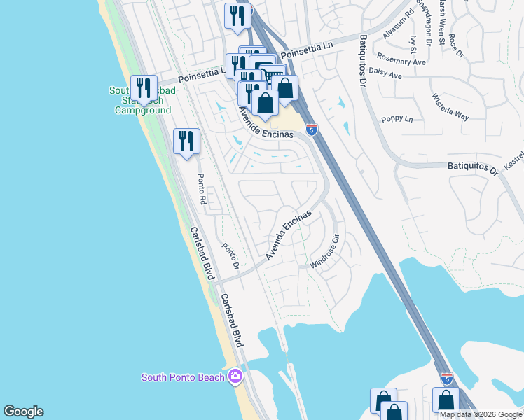 map of restaurants, bars, coffee shops, grocery stores, and more near 519 Dew Point Avenue in Carlsbad